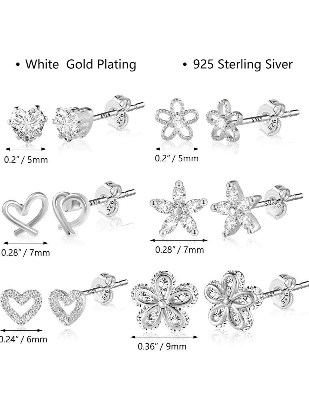 Sterling Silver CZ Flower & Heart Earring Set - Silver